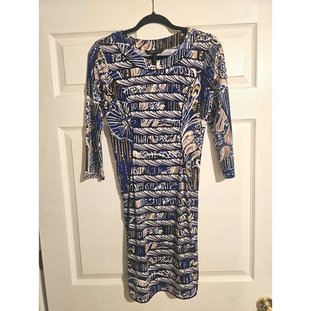 BCBG MaxAzria Dress Size Small Blue Printed Paneled Formal Sheath 3/4 Sleeves - Picture 3 of 10